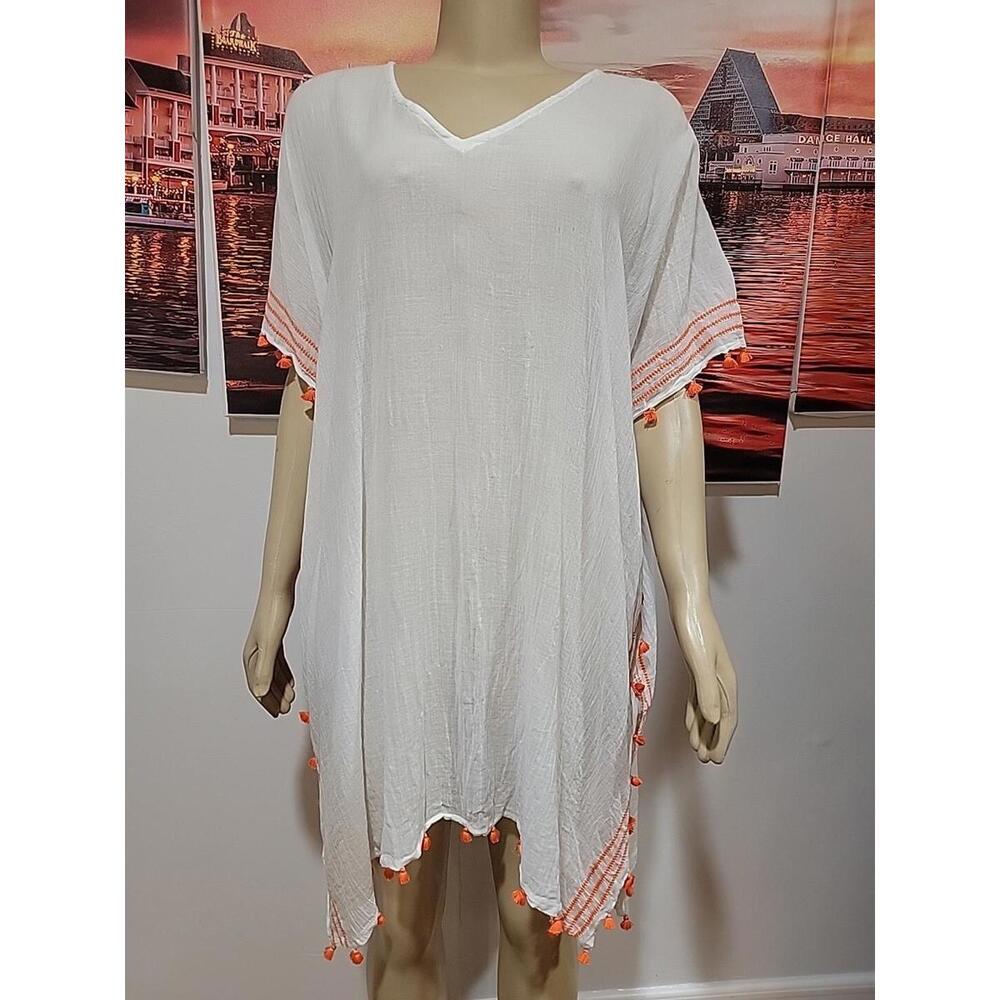 Seafolly Australia Cotton Stripe Swim Cover Up Kaftan OS Tassels Orange White #C
